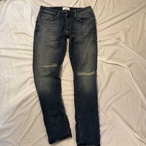 Ovadia New York Slim Fit Jeans Blue Denim Distressed Cowhide Patch Size 34‎